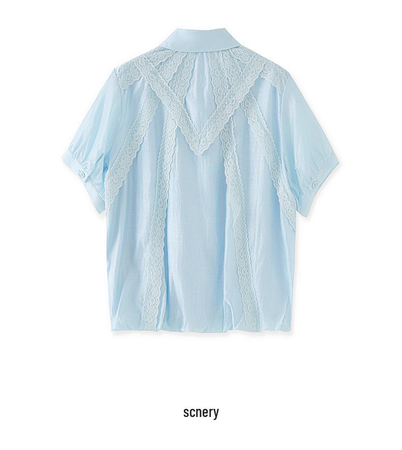 Elegant French Fine Spun Lace Puff Sleeve Cotton Blouse - Women's Summer Top