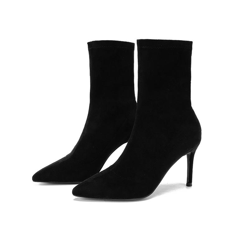 Autumn and winter new black high-heeled short boots women's elastic thin boots thin heel pointed versatile short tube apricot single boots