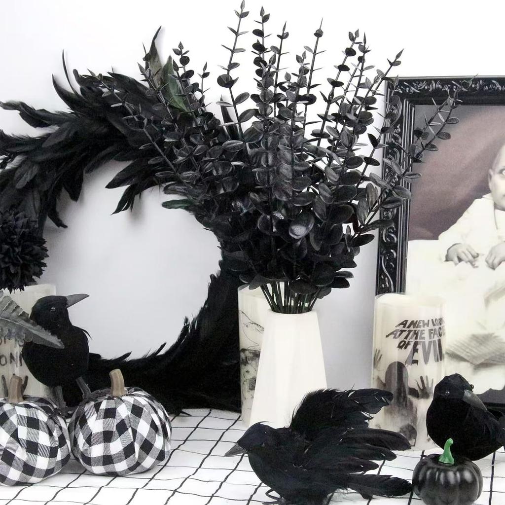 10/20/30Pcs Black Eucalyptus Artificial Bouuqet 38cm Fake Branch Halloween Decoration Faux Leaves Plant for Home Decor Garden