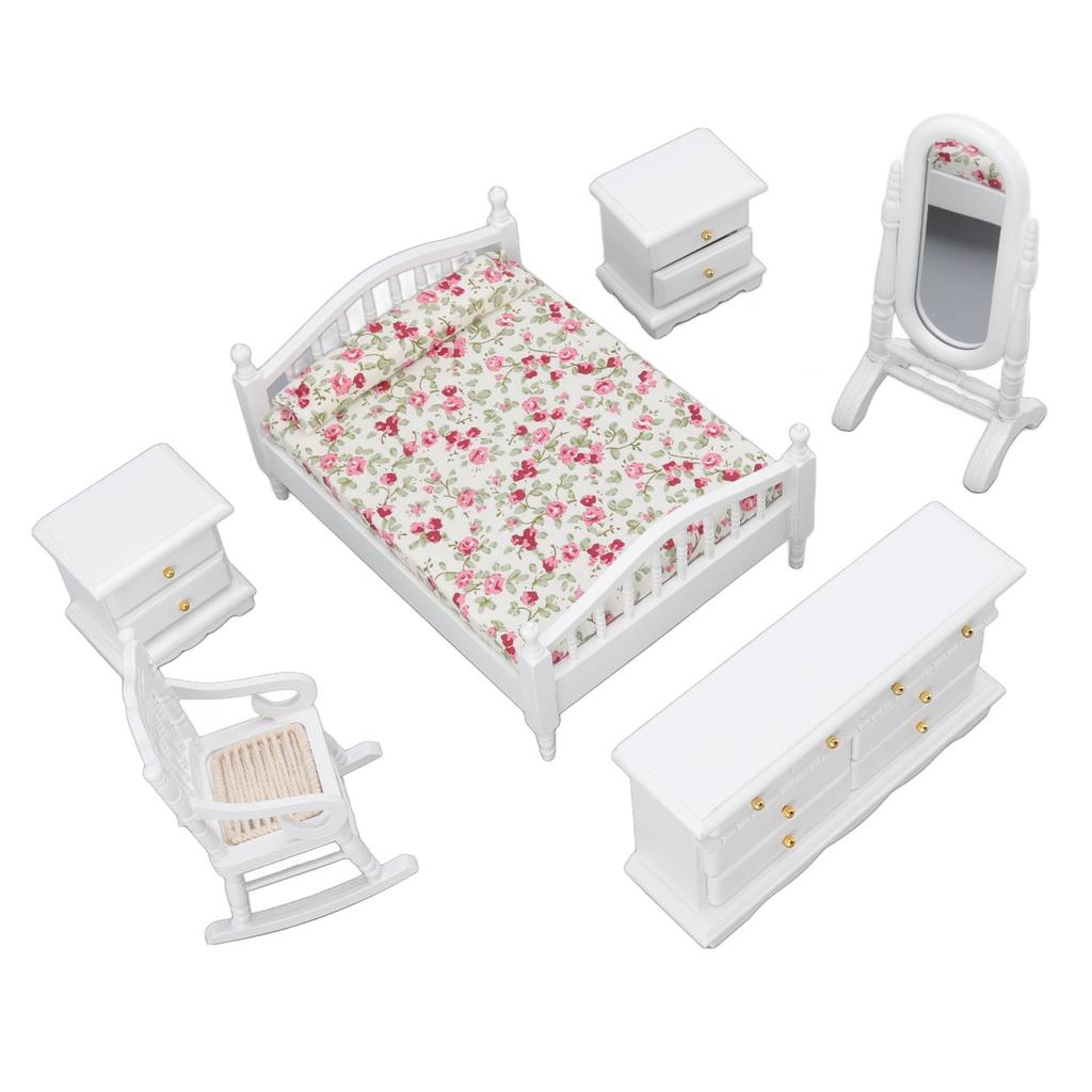 6pcs Set Dollhouse Bedroom Furniture 1:12 Scale Miniature Exquisite DIY Simulation Wooden Doll