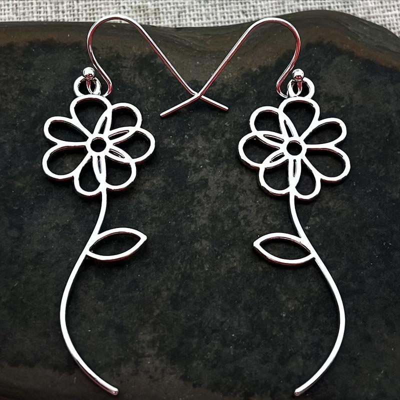 Cute Silvery Flower Dangle Earrings, Long Flower Drop for Women, Summer Fashion Vacation Style Jewelry, 1 Pair