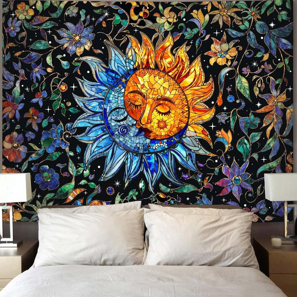 VIKAMA Boho Tapestry Featuring Sunflower and Astrological Wheel Wall Decor for Bedroom Dorm and Living Room with Bohemian Mystic