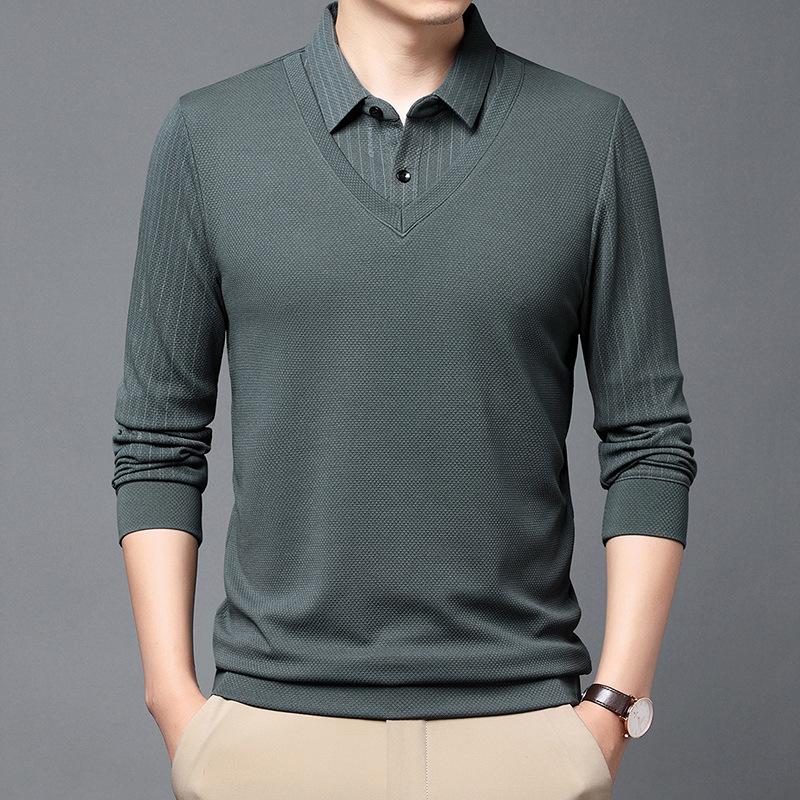 Fake Two-piece Autumn Men's New Style Lapel Striped Long-sleeved T-shirt Middle-aged Business Casual Comfortable Top Trendy Men's T-shirt