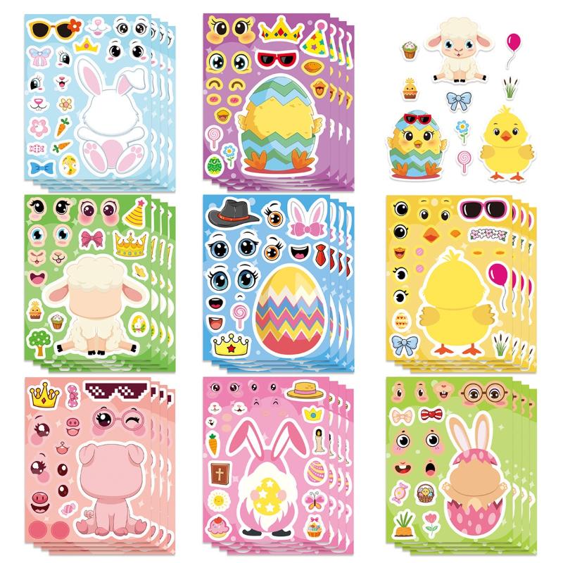 8/16 Sheets Cartoon Easter Eggs Puzzle Stickers Make Your Own Kawaii Chick Cow Rabbit Decals Children Jigsaw Toys For Kids Gift