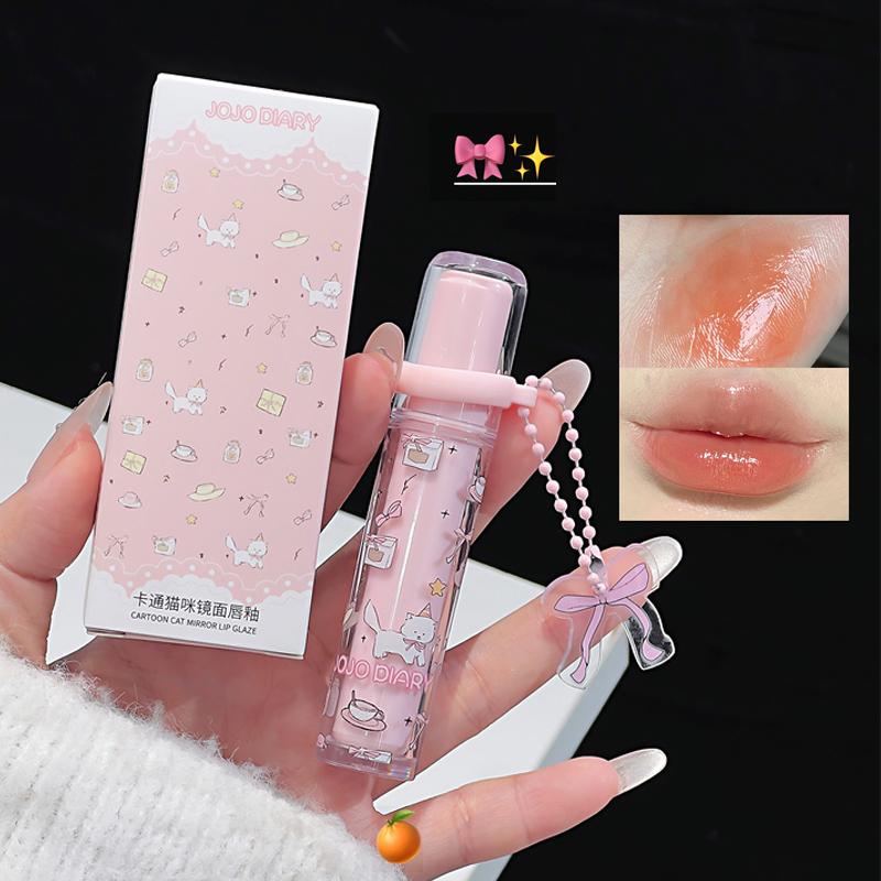 Cartoon Cat Mirror Lip Gloss Moisturizing Spring & Summer Lipstick Watery Translucent Clear Jelly Lip Oil Glass Tinted Lip Glaze