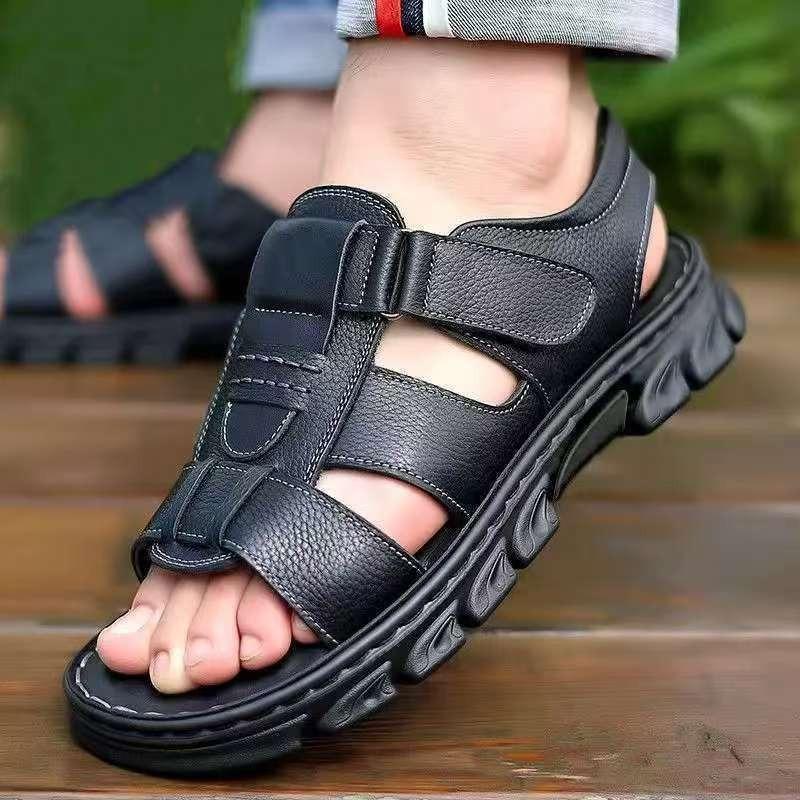 

Men s Leather Breathable Sandals Non-slip Wear-resistant Casual Beach Shoes Outdoor Walking Slippers 44 чорний