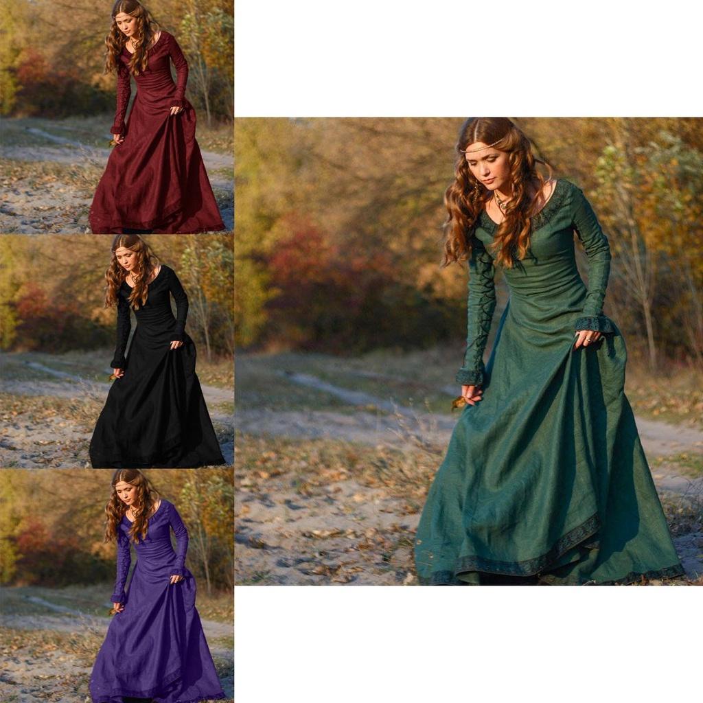Elegant Women's Medieval Dress With Long Sleeves For Gothic Halloween Cosplay Events