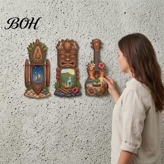 Three-piece Pendant Set 3Pcs Hawaiian Tiki Wooden Wall Hanging Sign, Tropical Surf Coastal Art, Art Exquisite Plaque for Home Bar Patio Decor