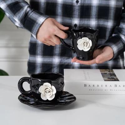 New Creative French Style Camellia Coffee Cup Handcrafted Exquisite Afternoon Tea Black Ceramic Mug Korean 3d White Rose Cup