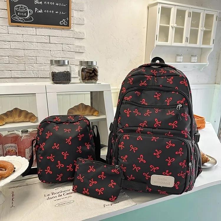 Bow Print Women Large Capacity Backpacks Lightweight Simple Student Schoolbag Female Bag Three-Piece Set