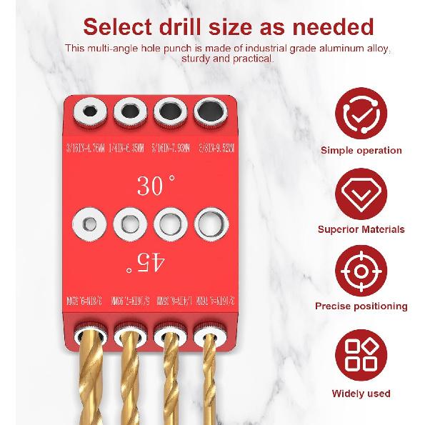 Multi Angle Drill Guide Jig 30 45 90 Degree with 4 Drill Bits Portable Drill Guide for Angled Holes and Straight Hole All Metal Jig for Stairs