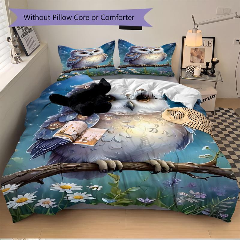 3pcs Anime Owl Comforter Set with Two Pillowcases (No Core), Home Decor, Festival Gift, Polyester Fabric