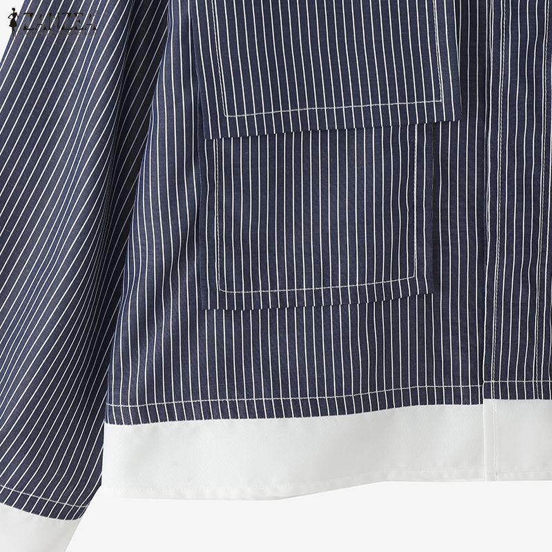 ZANZEA Women Casual Turn Down Collar Loose Long Sleeve Stripe Blouse