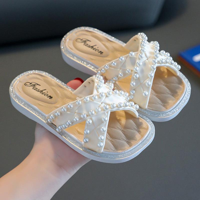 Girls' Princess Pearl Slippers: Non-Slip Indoor/Outdoor Summer Sandals for Toddlers