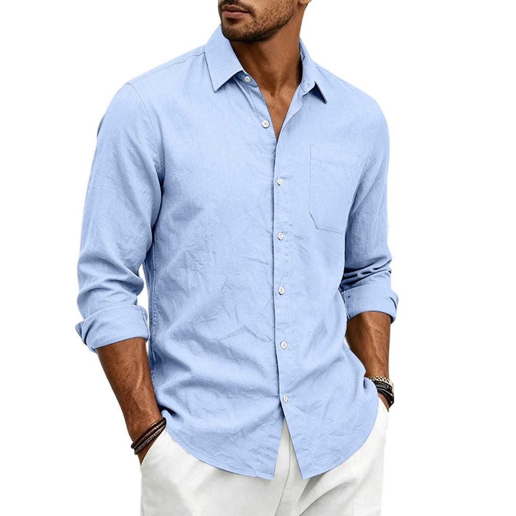 Men’s Linen Long Sleeve Shirt with Classic Turn-Down Collar and Single Chest Pocket Casual Relaxed Fit for Spring and Autumn