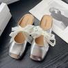Lace bow half slippers women's spring and summer new outer wear silver thick heel soft leather shoes bag head slippers