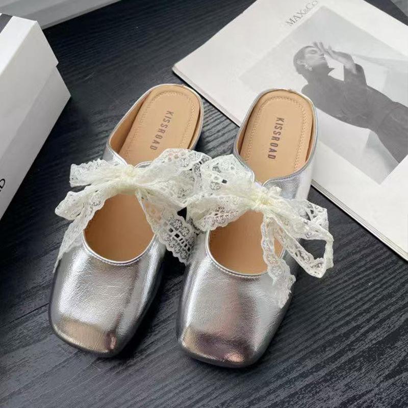 Lace bow half slippers women's spring and summer new outer wear silver thick heel soft leather shoes bag head slippers