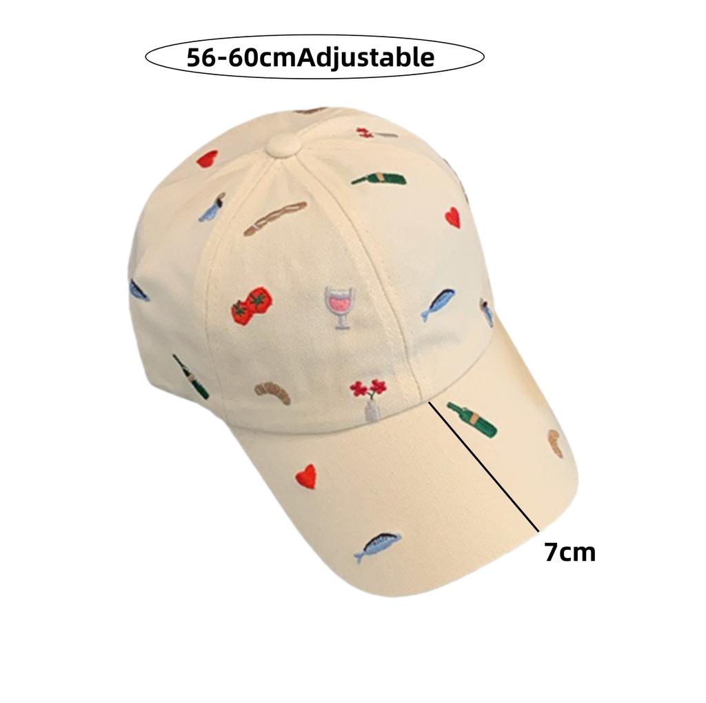 Kawaii Embroidery Baseball Cap for Women Aesthetic Food & Wine Pattern Soft Cotton Adjustable Dad Hat Summer Outdoor Sunshade Cap