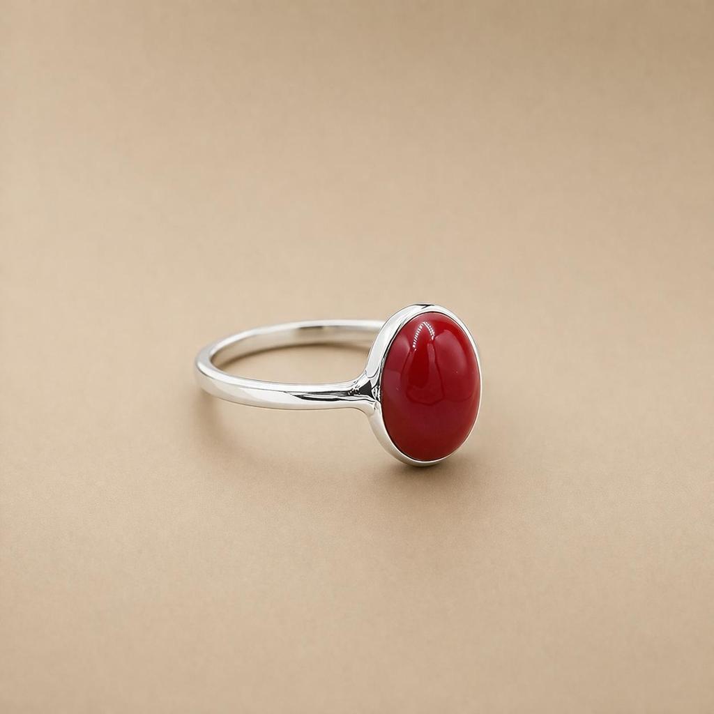 Red Coral Oval Bezel Ring, 925 Sterling Silver Statement Ring, Handmade Boho Gemstone Jewelry