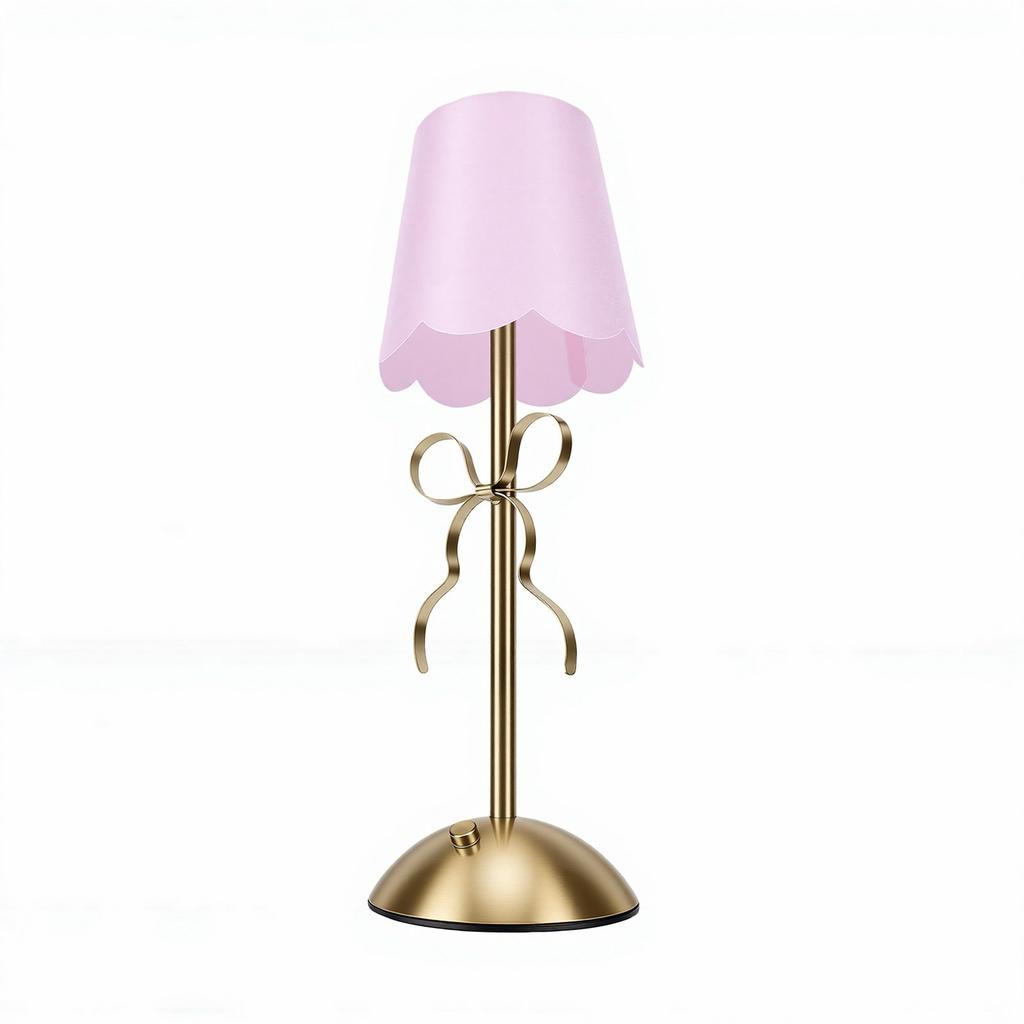 Luminária de Mesa Laço Dourado Estética Fofa Luz de Cabeceira com Cúpula de Tecido para Quarto Sala de Estar Sala de Jantar