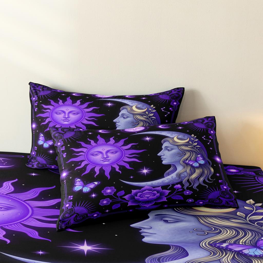 3 Pieces Purple Celestial Sun Moon Goddess Duvet Cover Set, Star Butterfly Floral Printed Bedding, Multiple Sizes Available