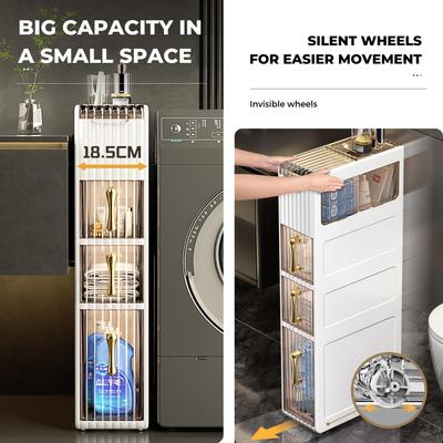 Gabinete de almacenamiento de baño eficiente con cajones compactos y ruedas para baños pequeños