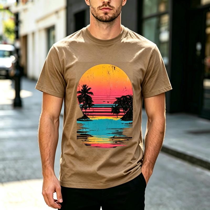 70s Retro Wave Ocean Reflection Sunset Palm Silhouette Print Tshirt Unisexs Unisexs Cotton Tee Summer Surf Outdoor Daily Top