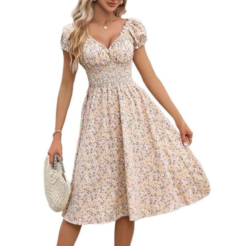 European and American Short sleeve Skirts Women clothes New Retro Floral Puff sleeve French style Slim dress