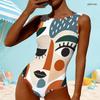 Women Plus Size High Round Neck Sleeveless Navy Blue Geometric Printed One Piece Swimsuit