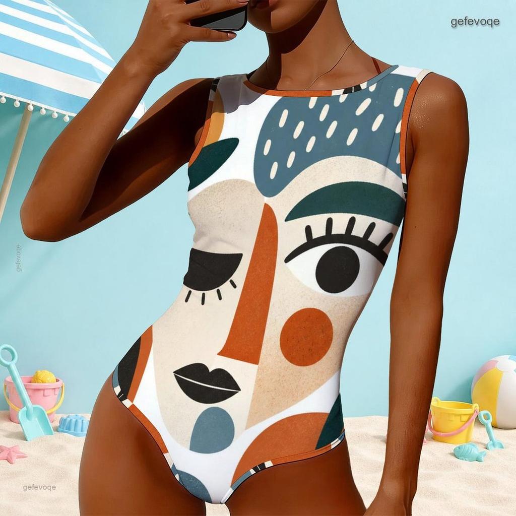 Women Plus Size High Round Neck Sleeveless Navy Blue Geometric Printed One Piece Swimsuit