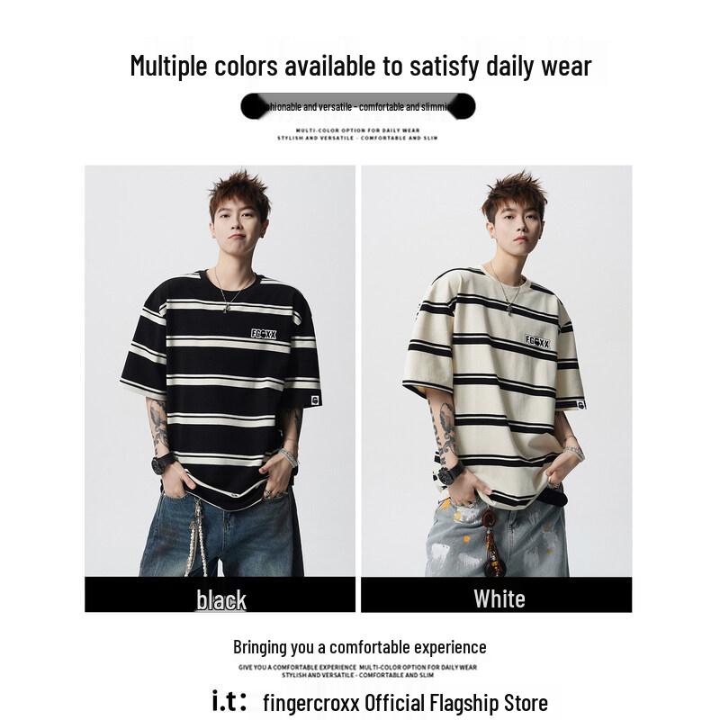 Fingercroxxit Men's Striped Loose Fit Short Sleeve T-Shirt