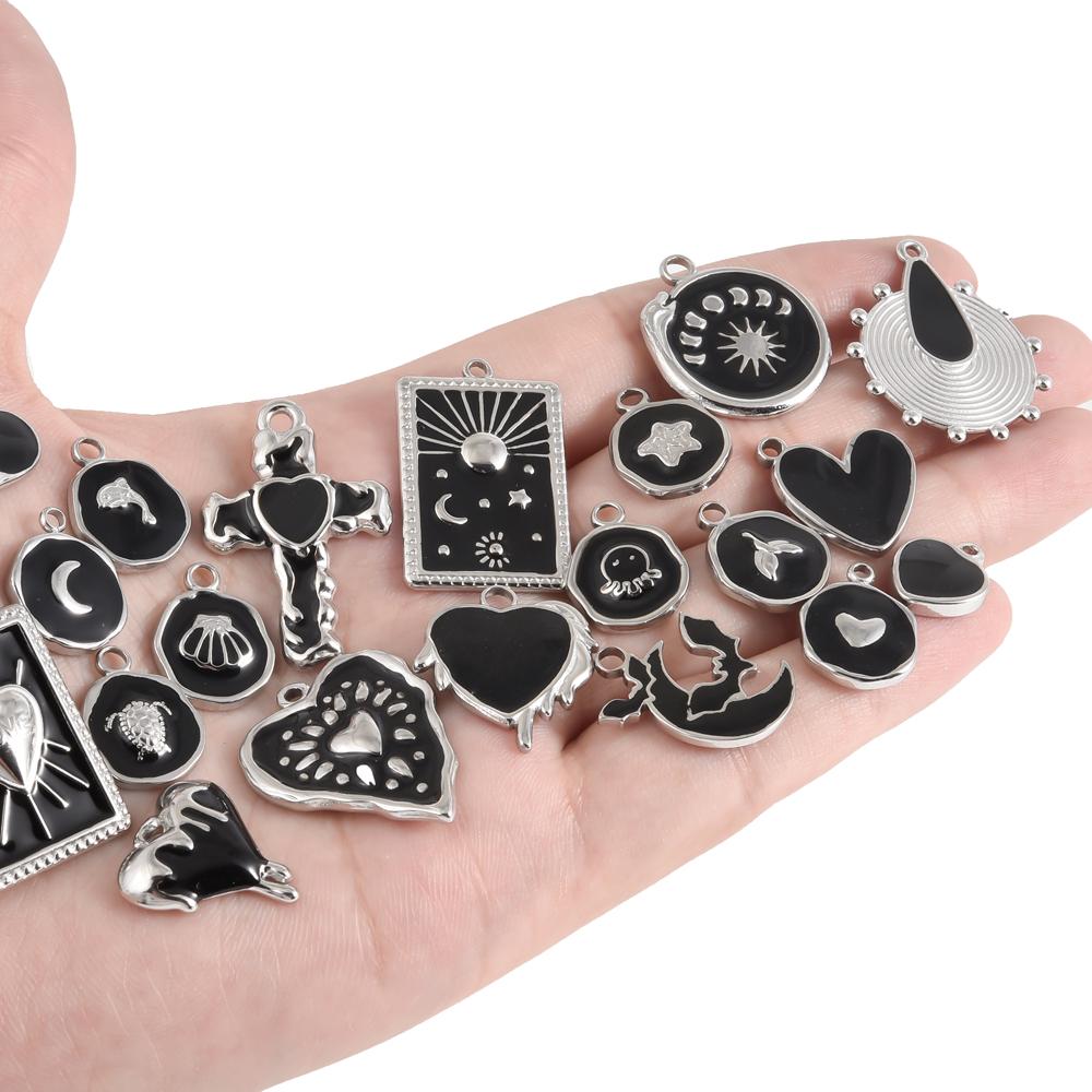 6pcs Punk Dark Black Stainless Steel Enamel Charms For Jewelry Making Supplies Sun Heart Cross Ocean Animal Pendant DIY Pendants