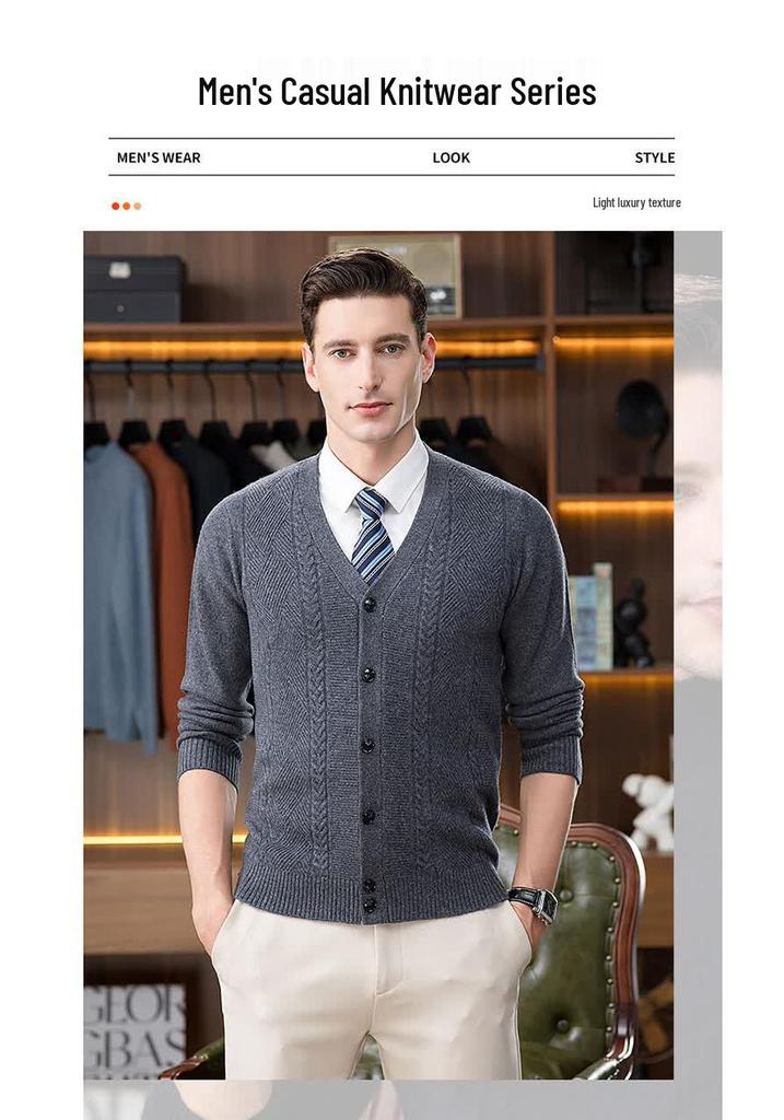 Hengyuanxiang Men's Pure Wool V-Neck Cardigan