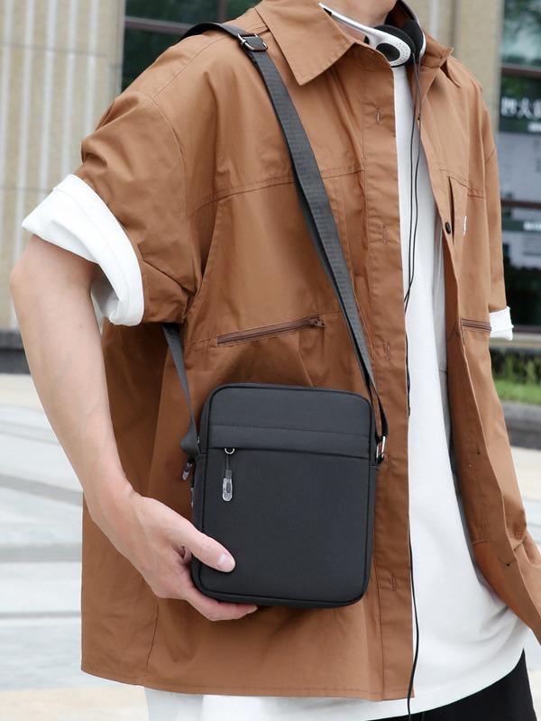 Men's Black Oxford Cloth Crossbody Bag with Printed Logo