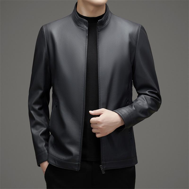 Genuine Leather Jacket Men's Spring and Autumn Velvet Thickened Middle-aged Dad Sheepskin Casual Stand-up Collar Jacket