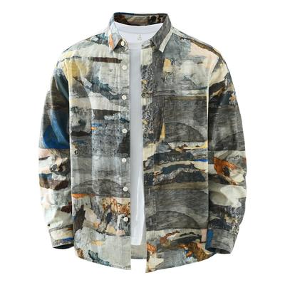Casual Loose Long Sleeve Men's Shirt Fashion Print Street Style Cotton Loose Spring Autumn Blouse Male Tops
