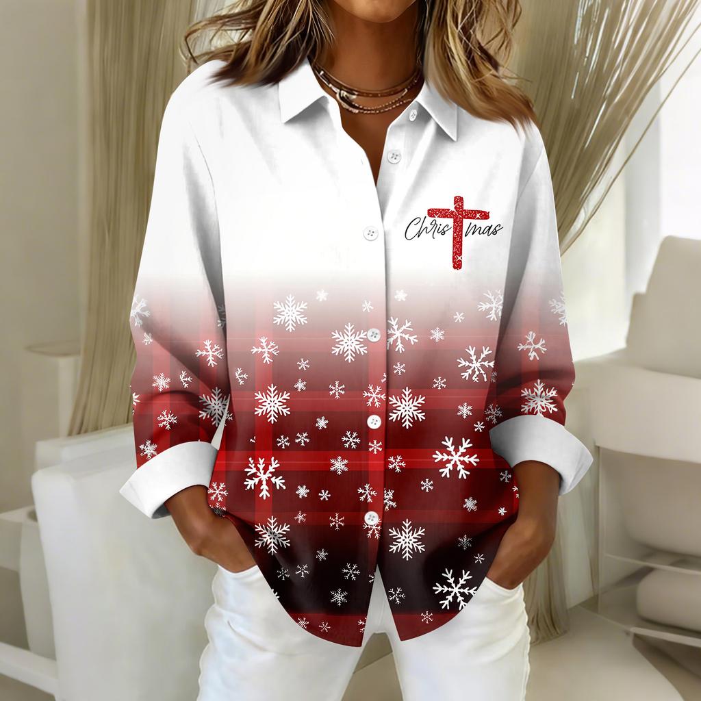 Women's Shirt Blouse Christmas Print Button Long Sleeve Casual Basic Shirt Collar Regular Top