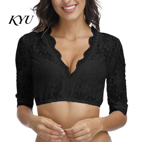 Sexy Lace Tops Women Sheer Crop Top for Oktoberfest, V-Neck Half German Dirndl Blouse Sleeve Cropped Shirt, Bavarian Costume Oktoberfest