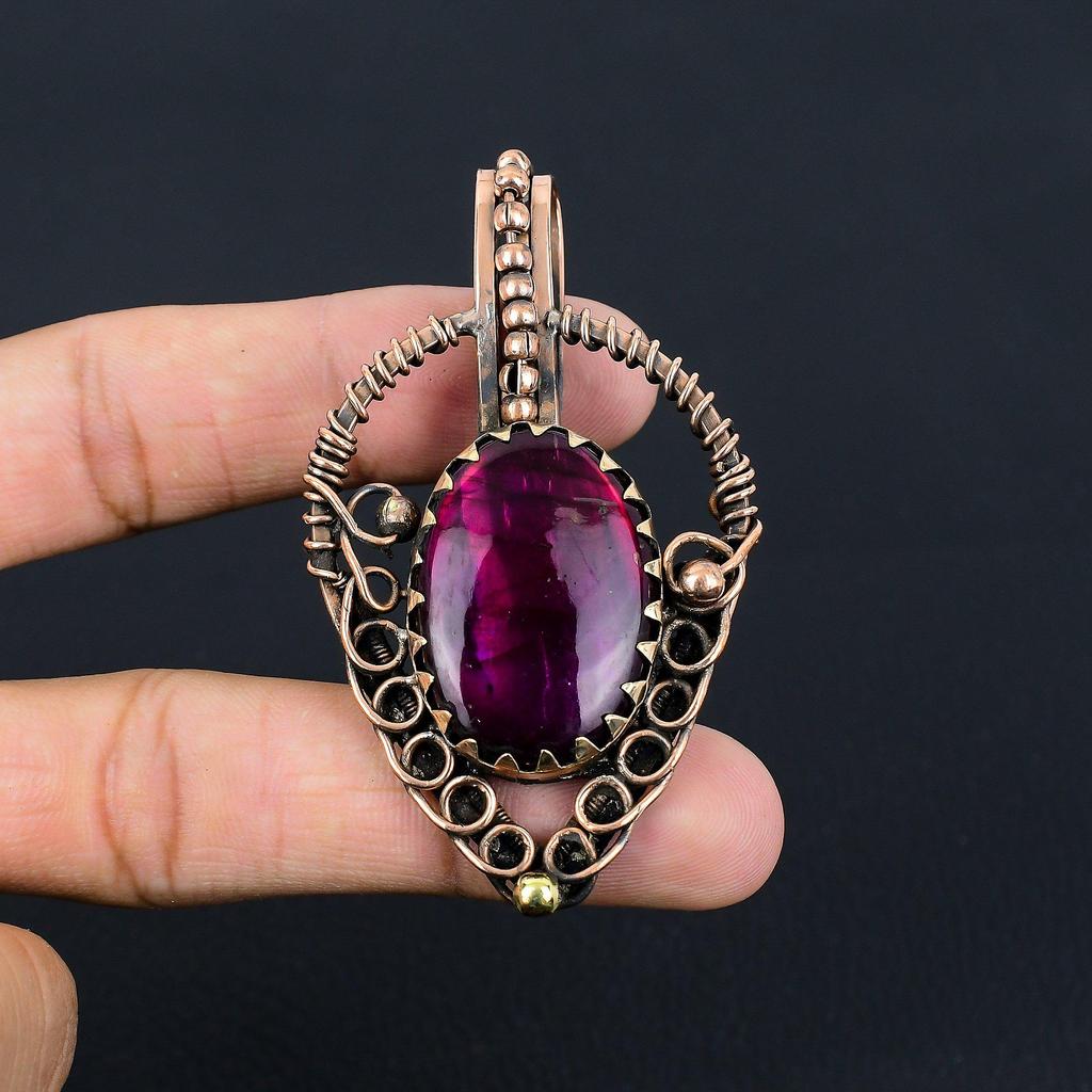 Pink Flash Labradorite Gemstone Handmade Jewelry Pure Copper Wire Wrapped Pendant