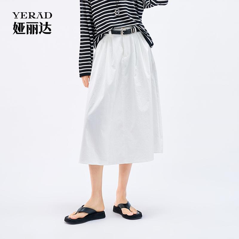 High street casual workwear style half skirt, fashionable pleated high waisted A-line skirt