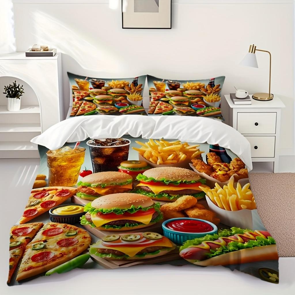 Hamburger Fried Chicken Fast Food Digital Printed Bedding Set Sofy Cozy Duvet Cover King Queen Twin Single Size Bithday Gift