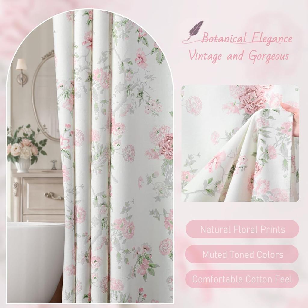 Pink And Sage Green Floral Vintage Shower Curtain,Cottage Core Cotton Shower Curtains For Bathroom,72Wx72H