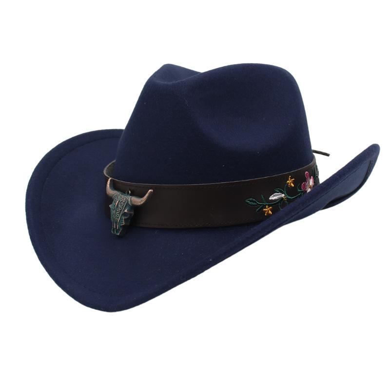 Western Cowboy Hat Tibetan Ethnic Top Hat Bull Head Flower Belt Accessories Felt Hat Curled Hat