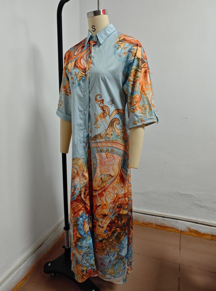2026 Sommer Hellblau Retro-Print Hemdkleid