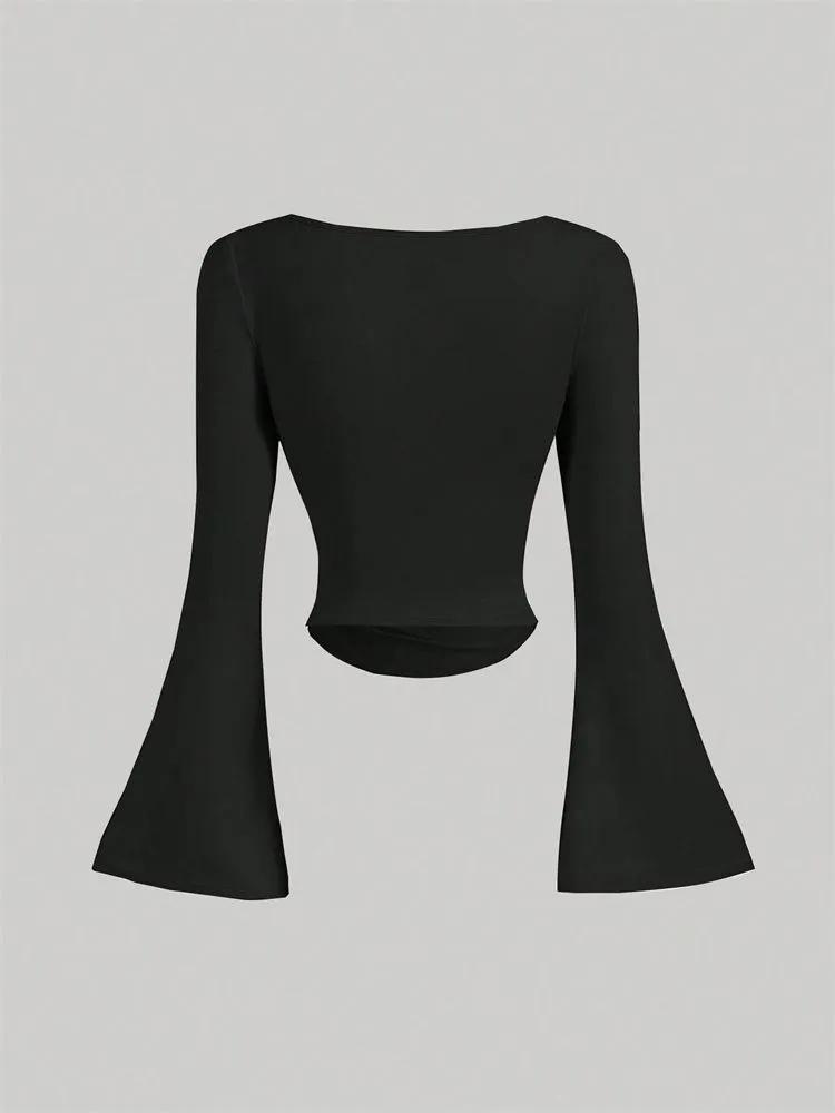 Crop Top Phumee  O-neck Pleated  Flared Sleeves A2314