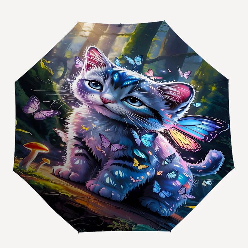 

1pc cat butterflyOpen/Close Umbrella-Windproof, Compact Travel Umbrella, Sturdy 8-Rib Shaft, Outdoor Accessory, 1023