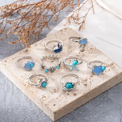 8 Pcs/Set Women Ring Set Ocean Theme Crab Seashell Jellyfish Shape Polished Smooth Stainless Birthday Gift Commute Knuckle Ring Finger Jewelry