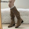 Winter Pleated Women Mordern Long Boots Street Style Thick Heels Party Female Stretch Slim Knee High Shoes