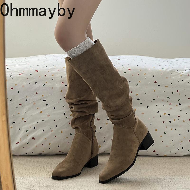 Winter Pleated Women Mordern Long Boots Street Style Thick Heels Party Female Stretch Slim Knee High Shoes