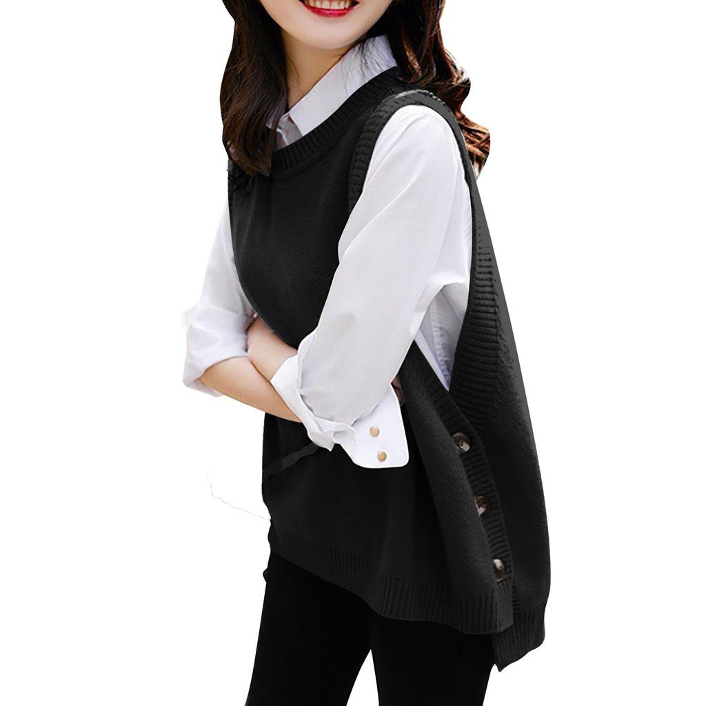 Women's Spring Knitted Vest Casual Sleeveless V-Neck Side Buttons Decorative Buttons Colour Top